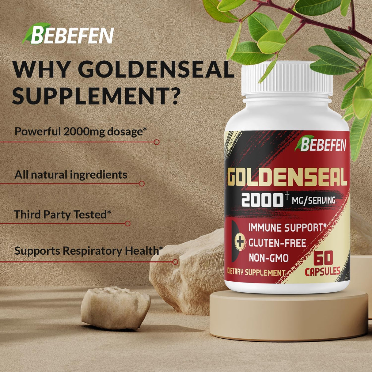 Suplemento de raíz Goldenseal de 2000 mg de hierbas vegano