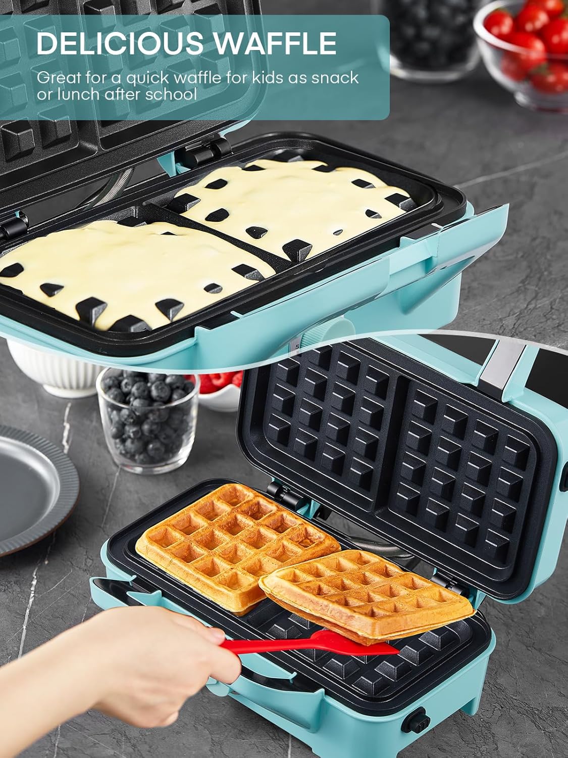 Waffle Maker 3 en 1 FOHERE, 1200W, Placas Desmontables, Control 5 Niveles