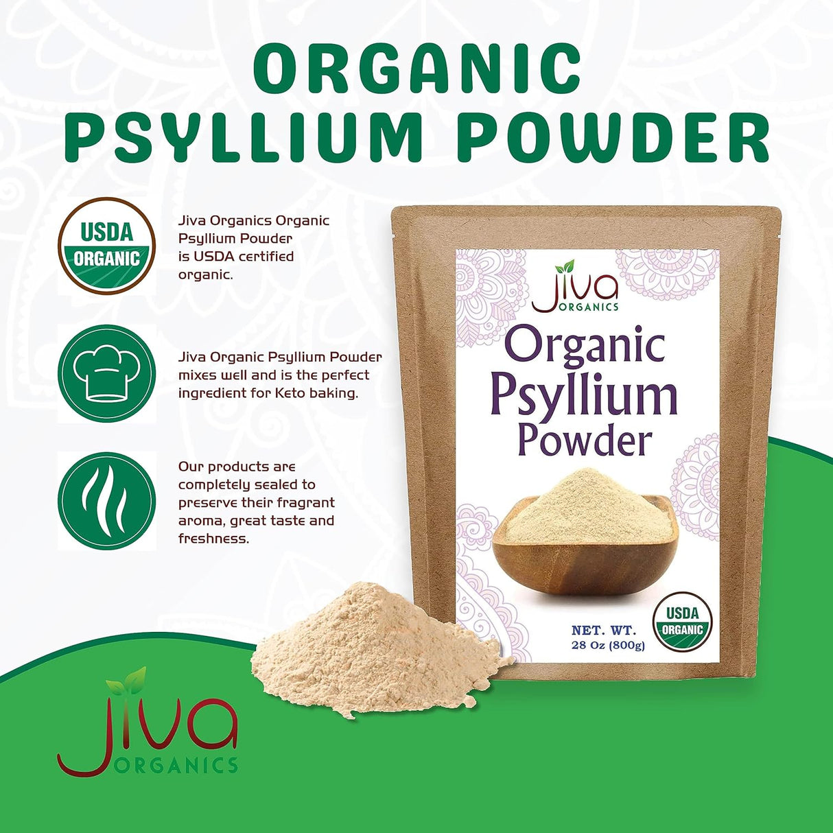 Psyllium Husk Powder 1.75 LB Jiva Organics, Sin Sabor, Keto