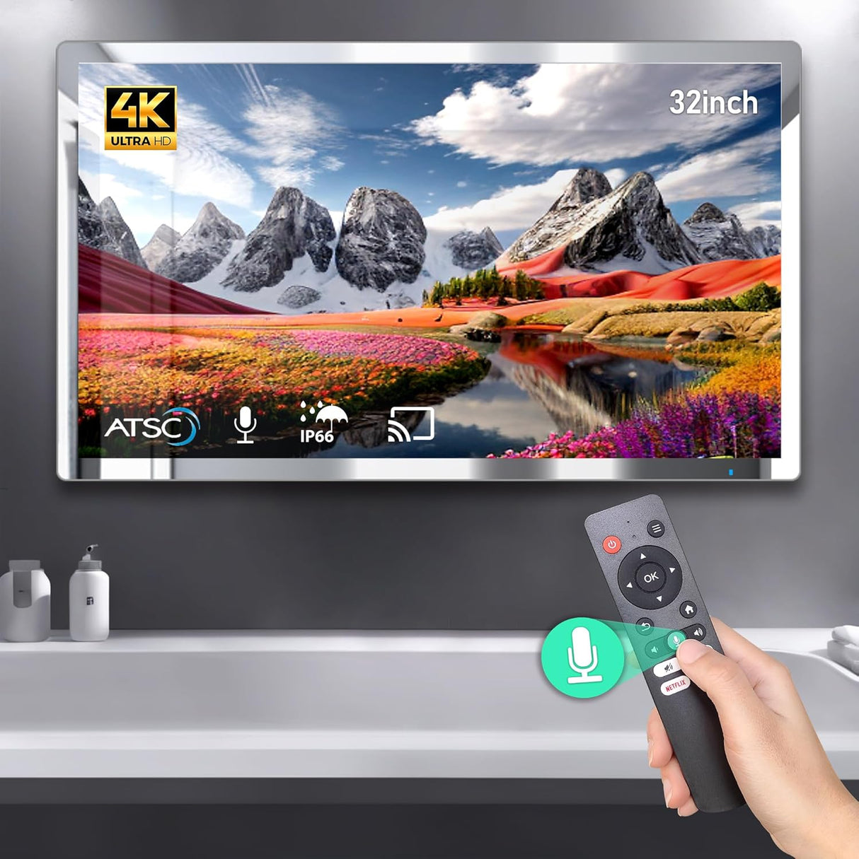Espejo TV Smart 32 4K Ultra HD, IP66, Control por Voz, Android