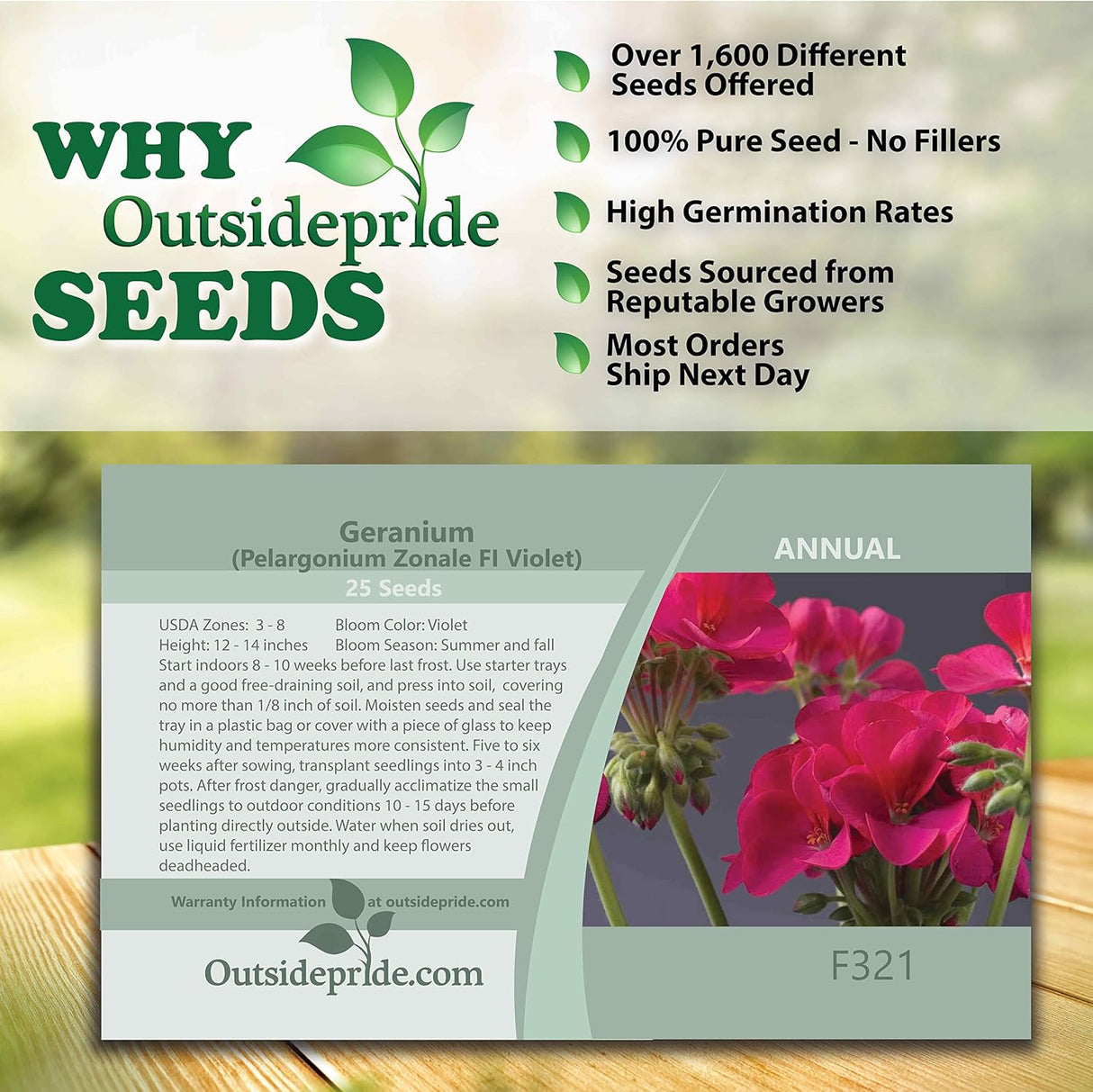 Semillas de Geranio Anual 25 semillas Outsidepride para plantar