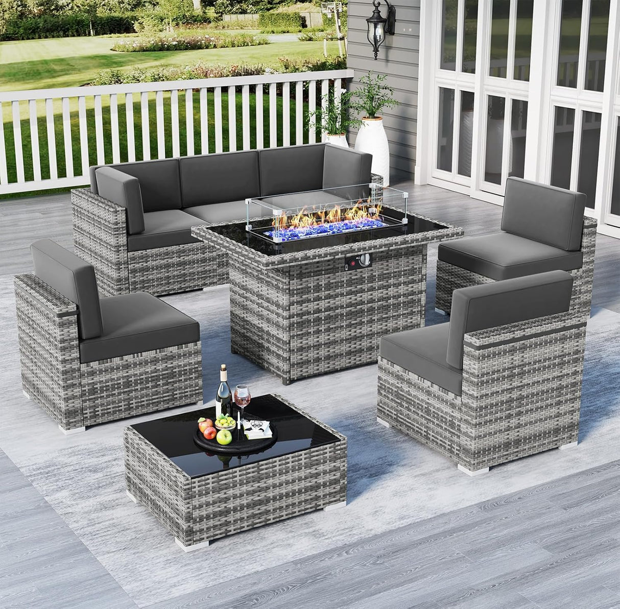 LayinSun Juego de muebles de patio de 8 piezas con mesa para fogata, juegos de conversación al aire libre, sofá modular de ratán de mimbre con mesa de café