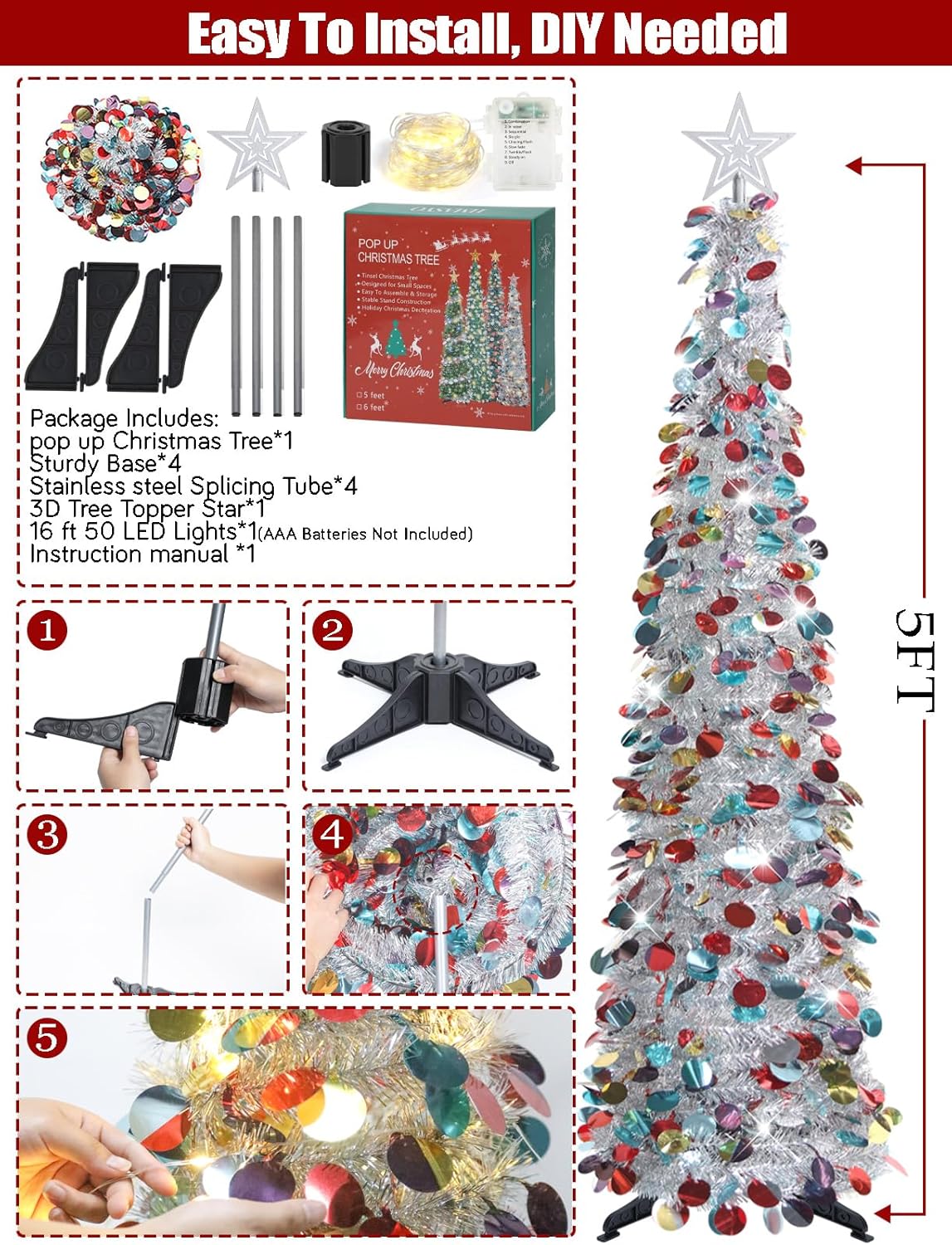 Árbol de Navidad Plegable con Luces Temporizadas - Modelo 5 FT