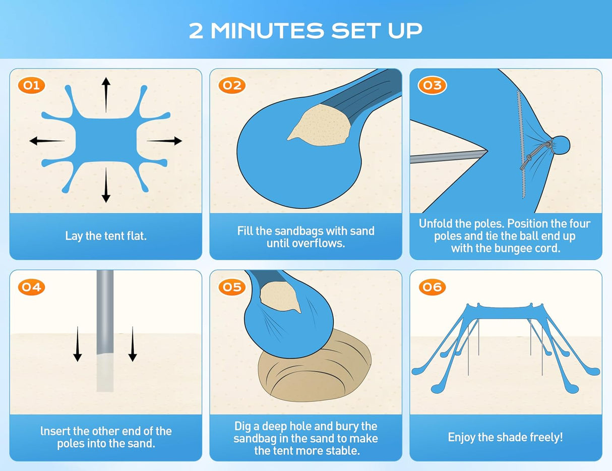 Tienda de playa UPF50+ con protección UV y estabilidad adicional