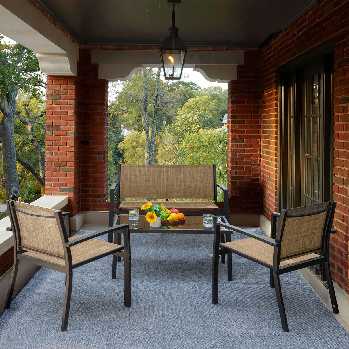 Devoko - Juego de 4 piezas de muebles de patio para el aire libre, para jardín, sillones y mesa de café de cristal para patio o terraza