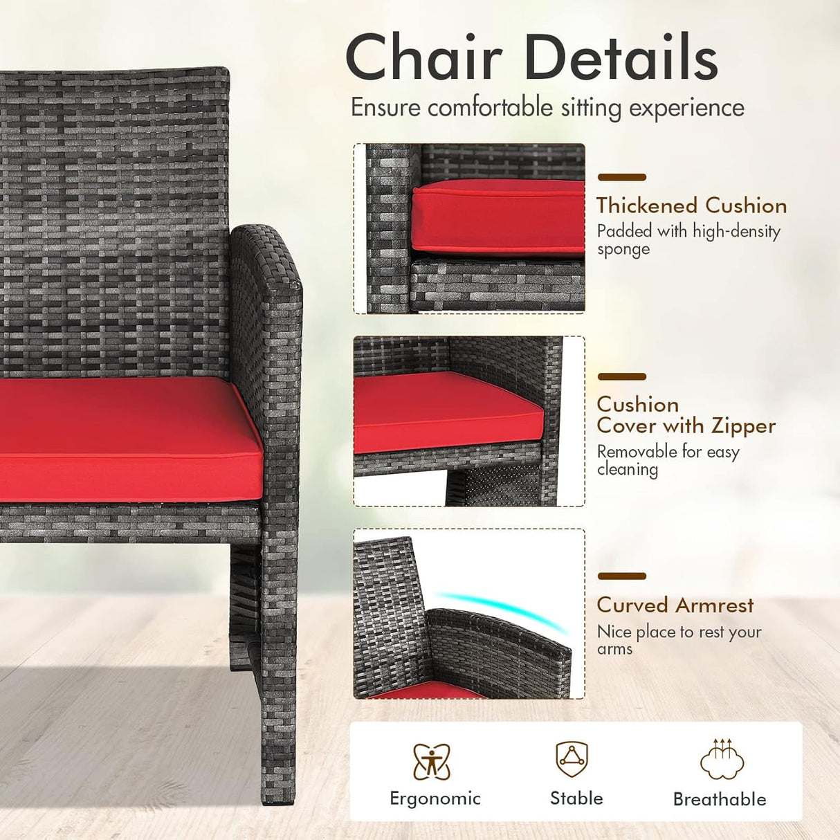 Goplus Juego de muebles de ratán de 4 piezas, sofá de conversación de mimbre para exteriores con cojines resistentes a la intemperie y mesa de vidrio templado para césped, patio, piscina, jardín (rojo)