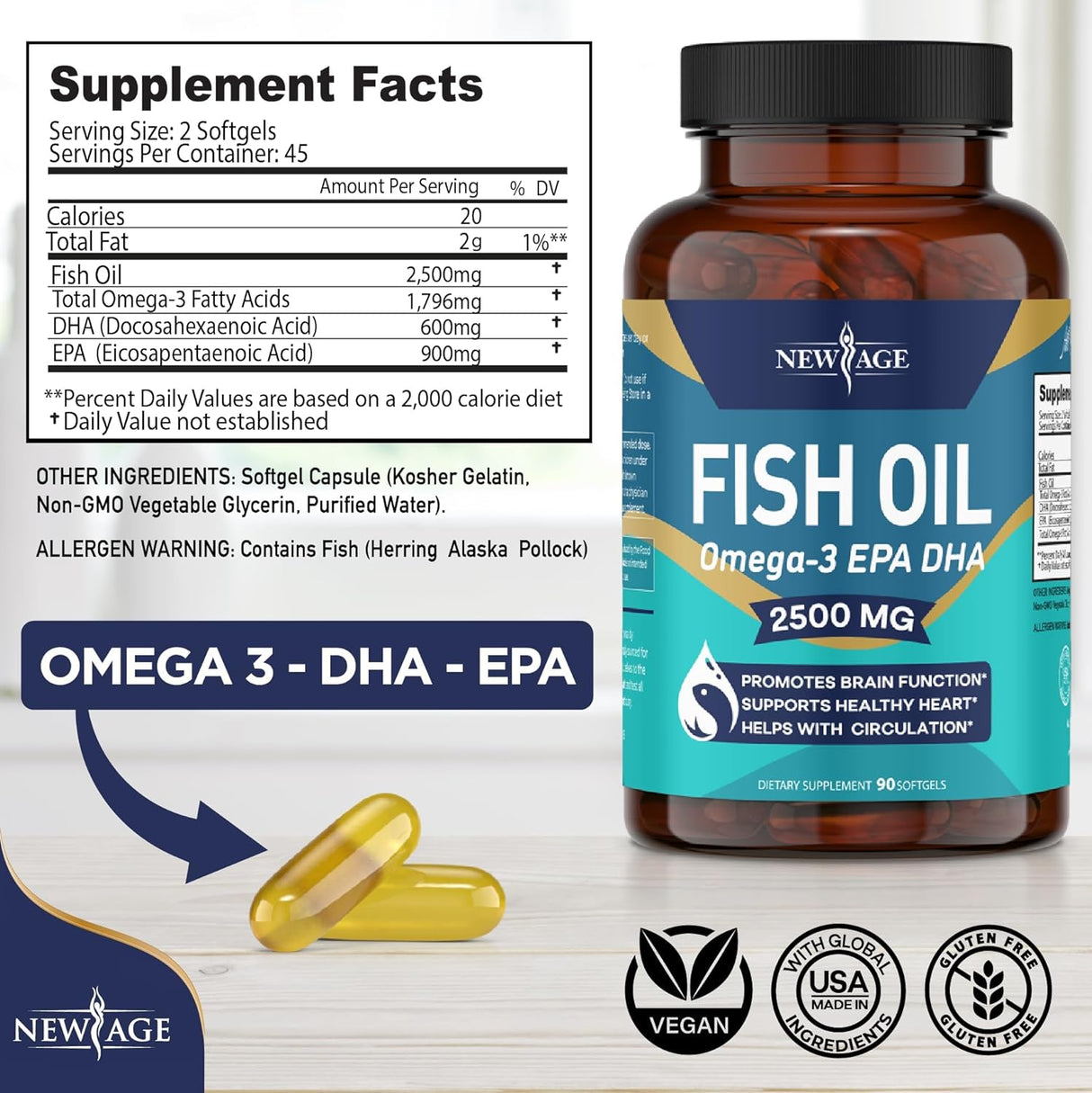 Aceite de pescado Omega 3 2500 mg - Suplemento sin gluten