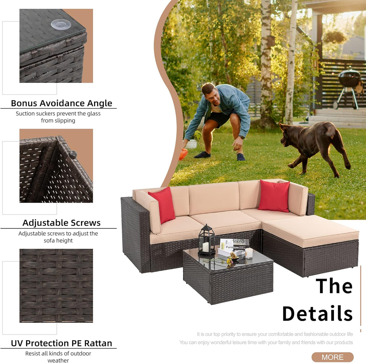 Shintenchi Juego de muebles de patio de 5 piezas para exteriores para todo tipo de clima, juego de sofá seccional de ratán de polietileno con mesa de cristal, cojín otomano y almohadas rojas