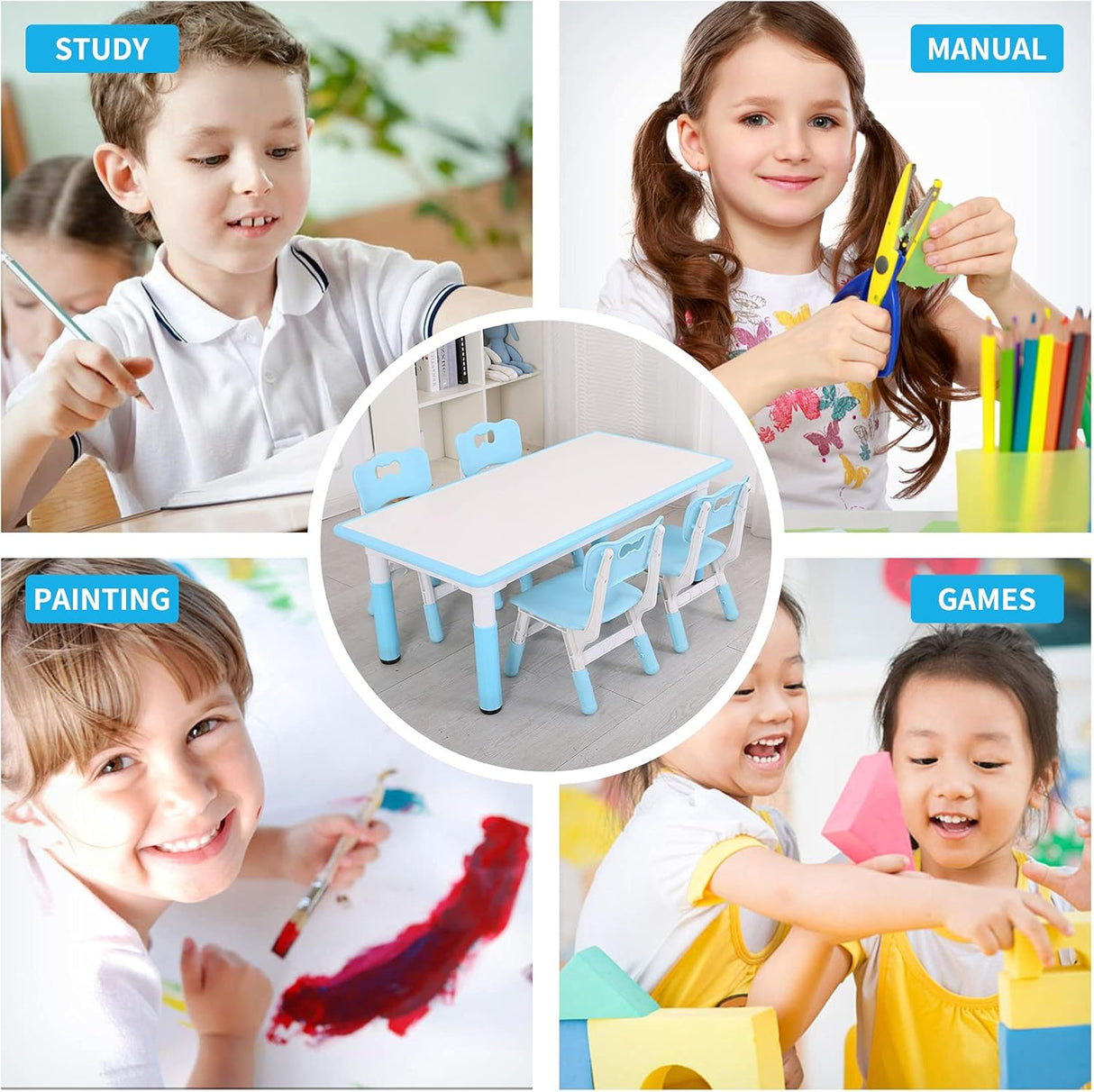 Juego de mesa y sillas de estudio para niños con 4 asientos