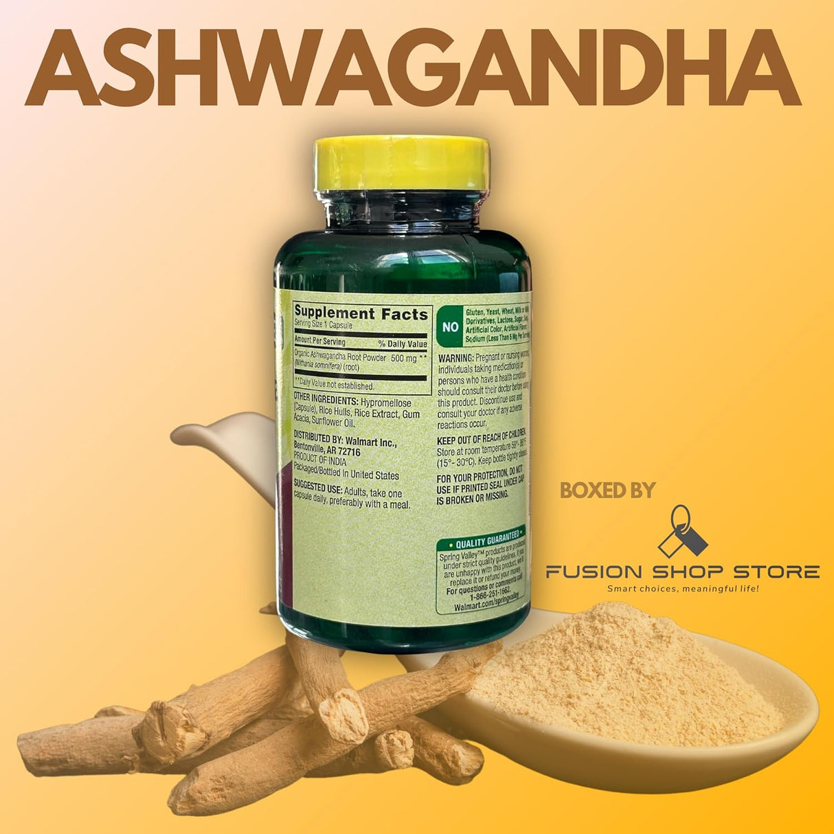 Cápsulas de Ashwagandha 500mg - Spring Valley - Polvo de raíz