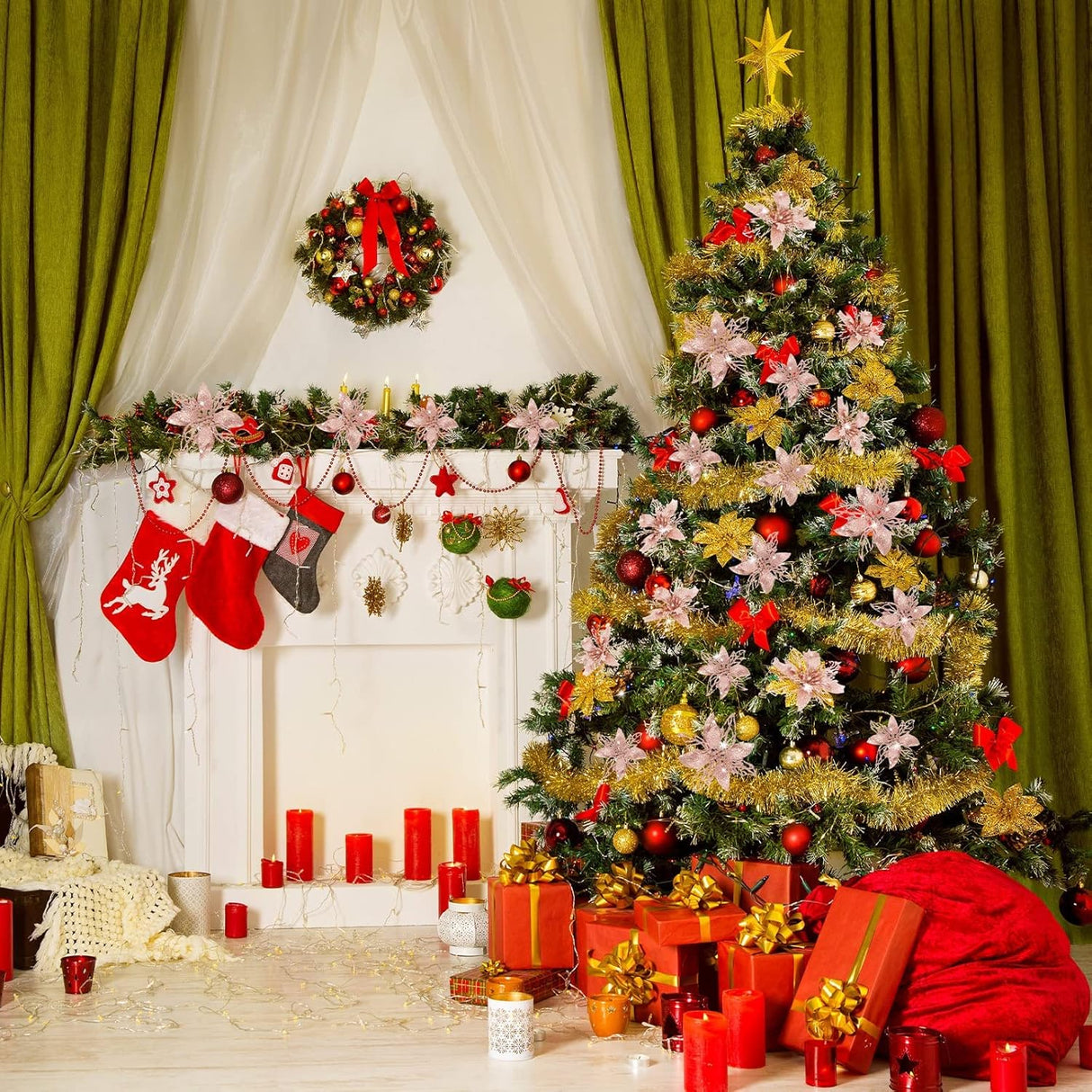 Flores Artificiales Poinsettia Boao 24 Piezas Decoración Navidad