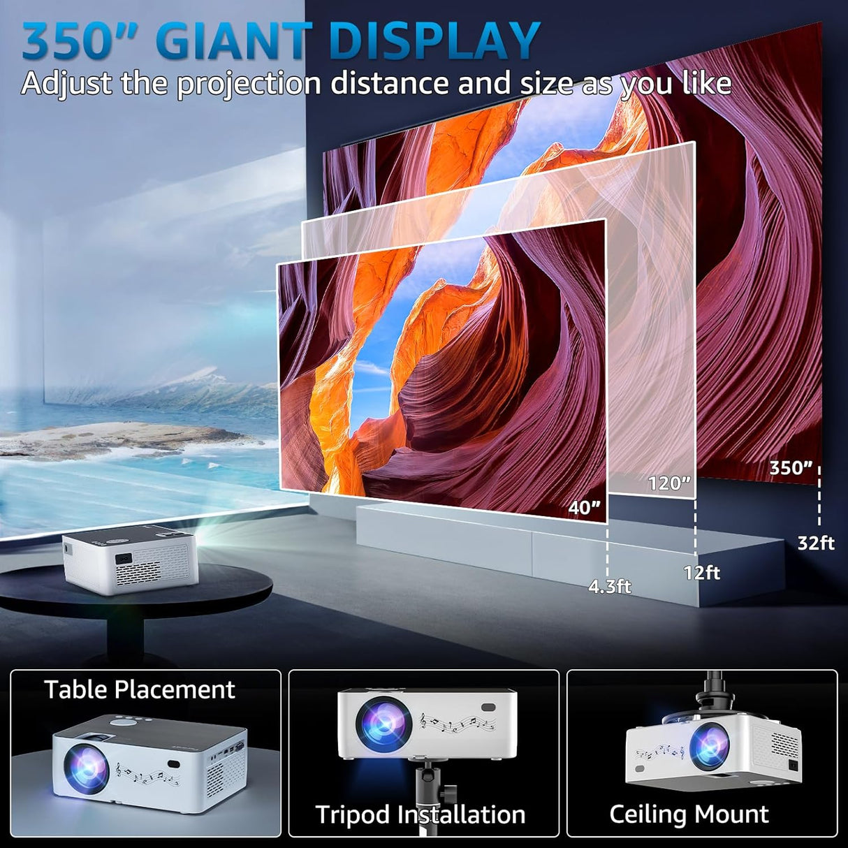 Proyector WiFi y Bluetooth 1080P, 5G, Pantalla 350