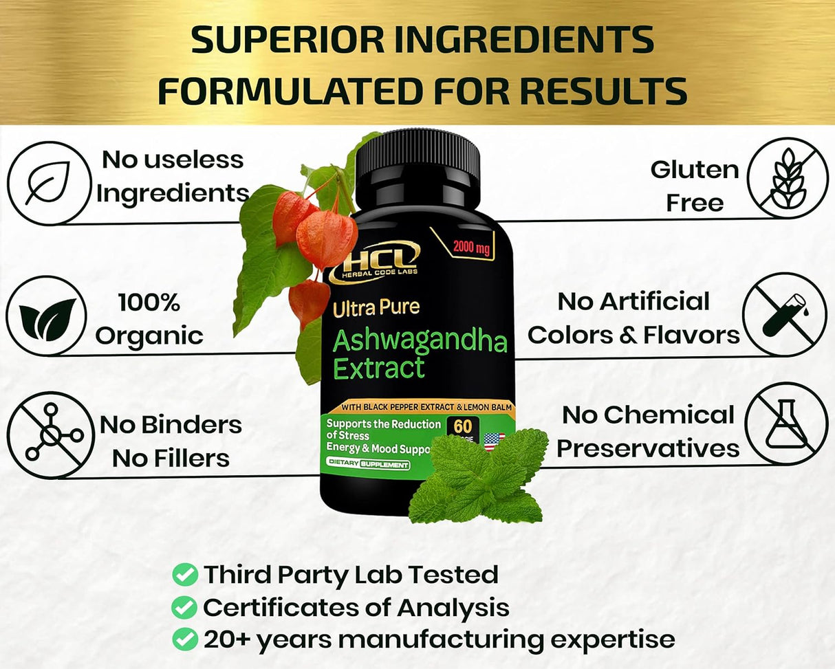 Cápsulas de Ashwagandha Orgánica 2000 MG - Alivio del Estrés