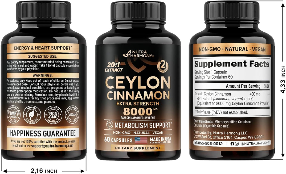 Cápsulas de Canela de Ceilán 8000 mg, Extra Fuerza, 60 Unidades