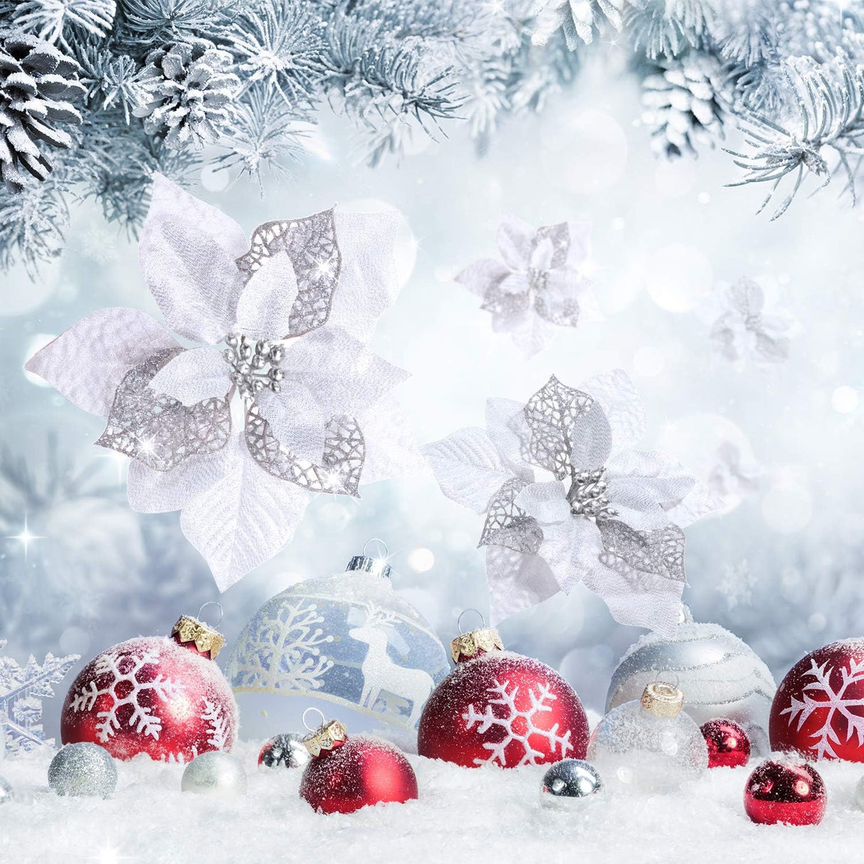 Flores Artificiales Poinsettia Glitter 36 Piezas WILLBOND