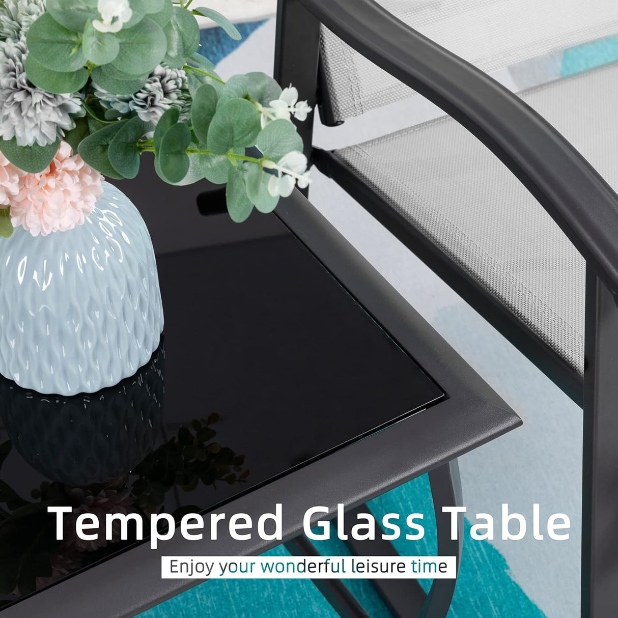 Vongrasig Juego de 3 piezas de muebles de patio pequeños de tela textileno, juego de muebles de patio pequeños, juego de conversación con mesa de vidrio para césped, jardín, balcón, piscina (gris claro)