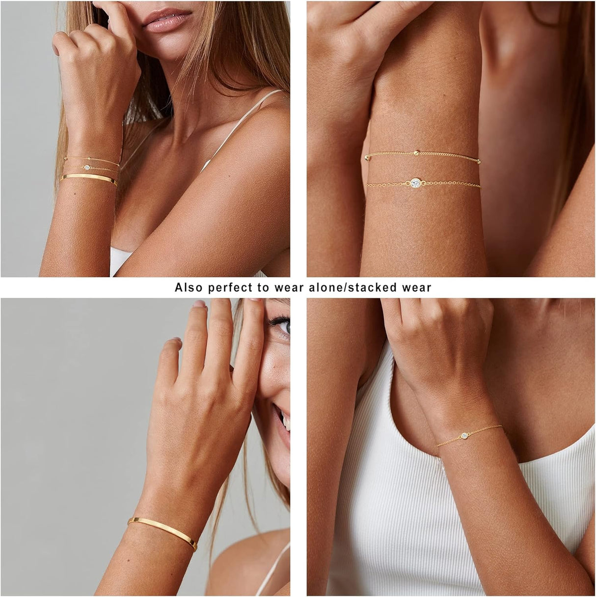 juego de pulseras de oro real de 14 quilates para mujer