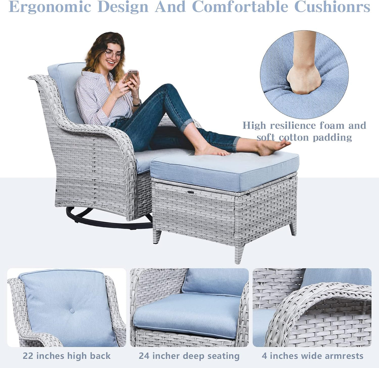 Belord Juego de muebles de patio al aire libre de 5 piezas, muebles de mimbre para conversación, sillas mecedoras giratorias para exteriores con sofá de 3 plazas y 2 otomanas para espacios pequeños, cojín azul bebé