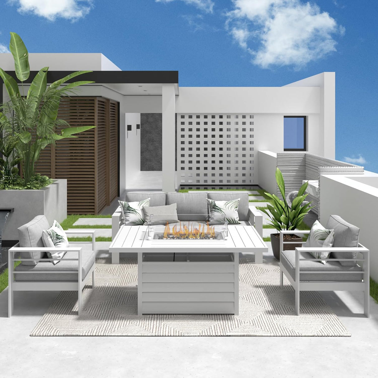 Solaste Juego de muebles de aluminio para patio con mesa para fogata, muebles de exterior de metal de 4 piezas con cojines resistentes al agua, juego moderno de conversación de patio para balcón, porche delantero y patio trasero, color blanco