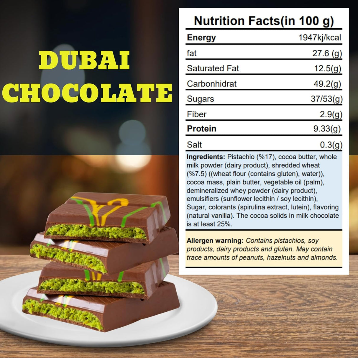 Chocolate Bar Pistachio de Dubai, Knafeh con Crema y Kataifi, 95g