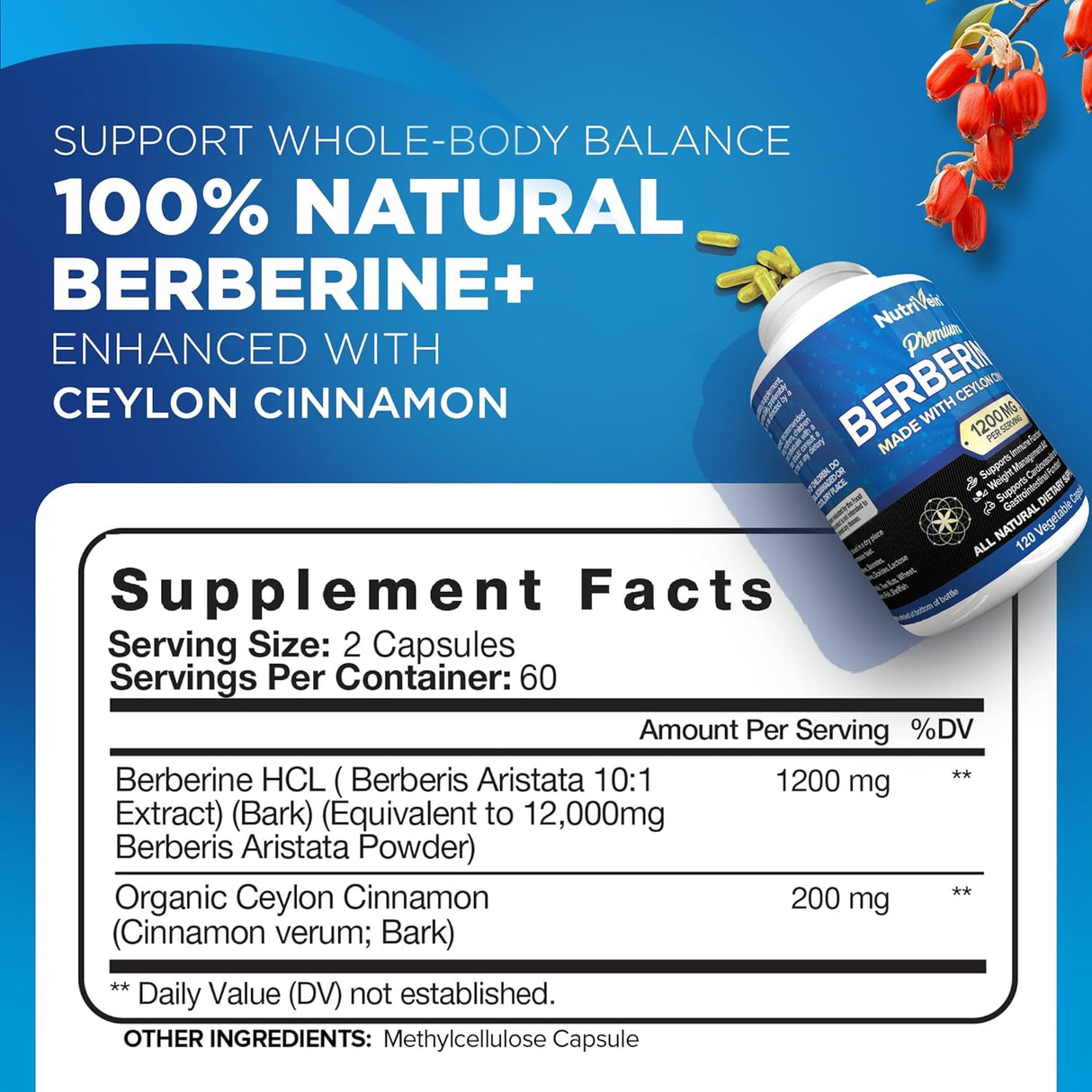 Berberina HCL 1200mg + Canela Orgánica Sistema Inmunológico