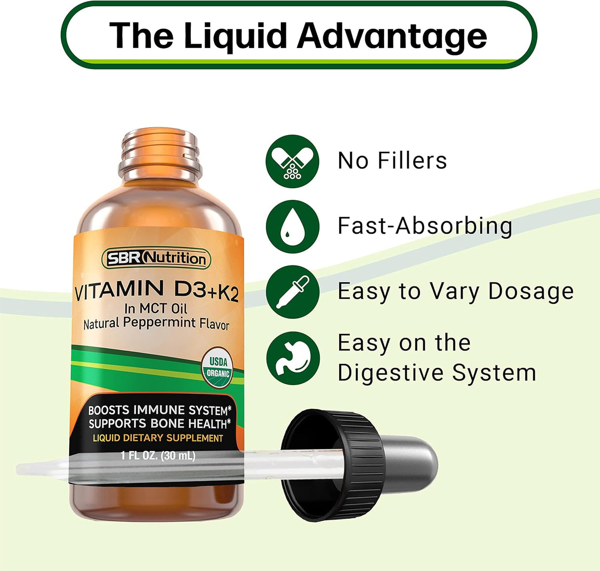 Suplemento de Vitamina D3 + K2 Líquido, MCT, Menta, Soporte Óseo