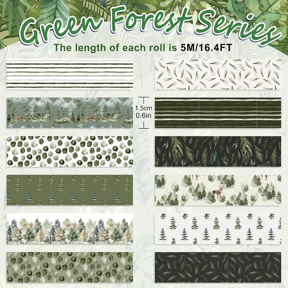 Whaline 12 rollos de cinta Washi de bosque de Navidad, acuarela, bosque, vegetación, plantas, árboles verdes, cinta adhesiva decorativa para Navidad, álbumes de recortes, diario, calendario, manualidades, envoltura de regalos