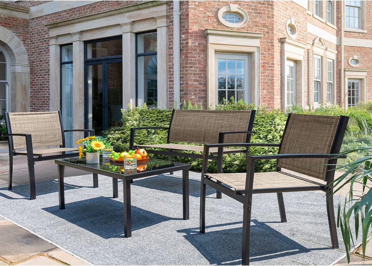 Devoko - Juego de 4 piezas de muebles de patio al aire libre para jardín, sillas y mesa de café de cristal para patio o terraza, Marrón