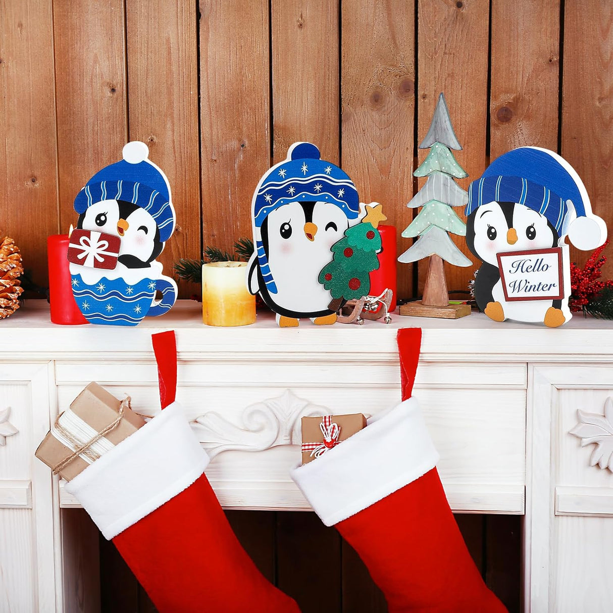 Bloques de Madera Set 3 Decoraciones Navideñas de Pingüinos