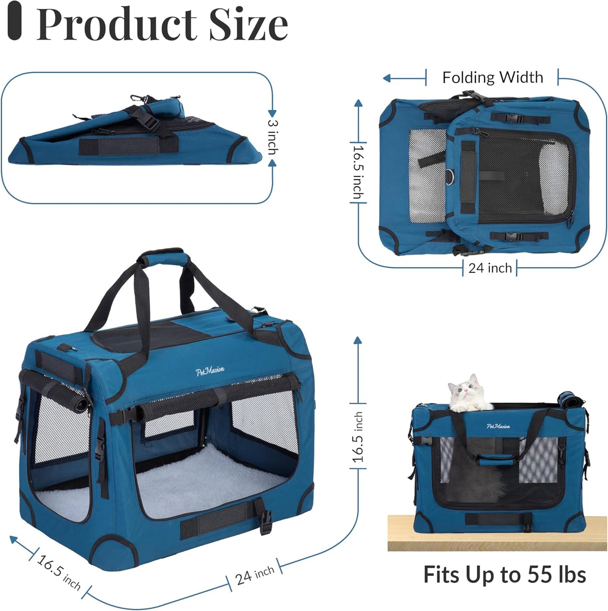 Transportín Extra Grande para 2 Gatos, Plegable, 24x16.5