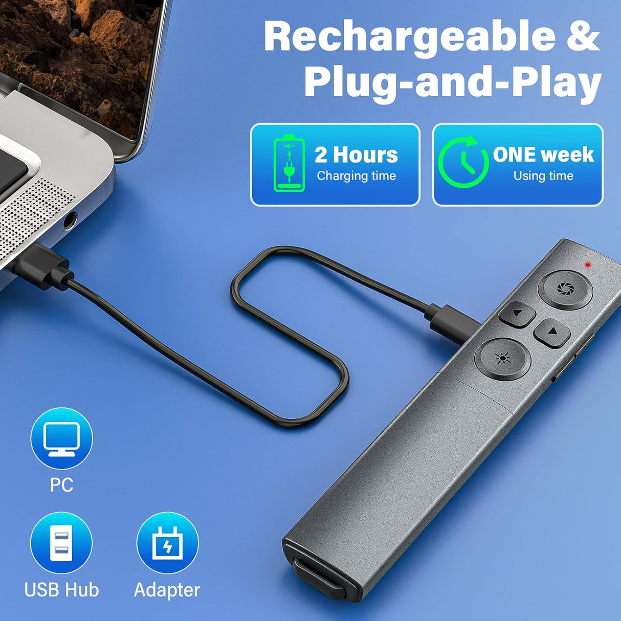 Presentador Inalámbrico USB-C, Recargable, Control Volumen, PPT