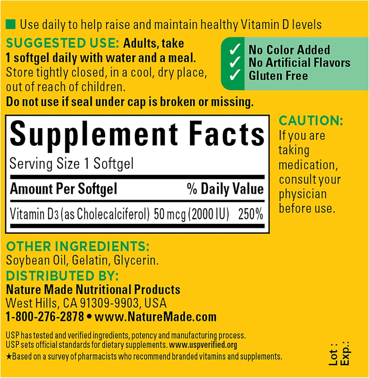 Suplemento Nature Made Vitamina D3 vitamina D 2000 IU