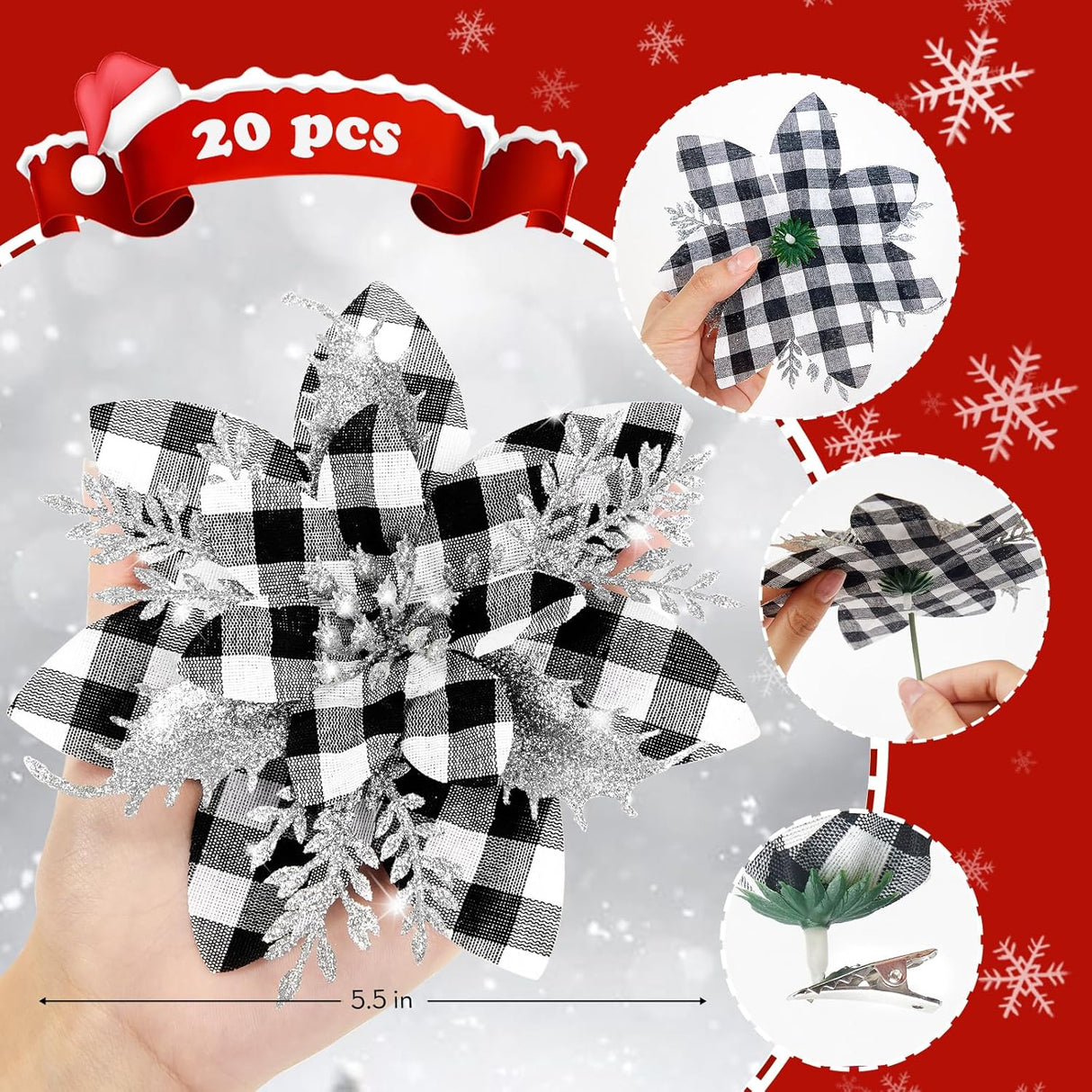 Flores Artificiales Serwalin 20pcs Poinsettia con Clips 5.5in