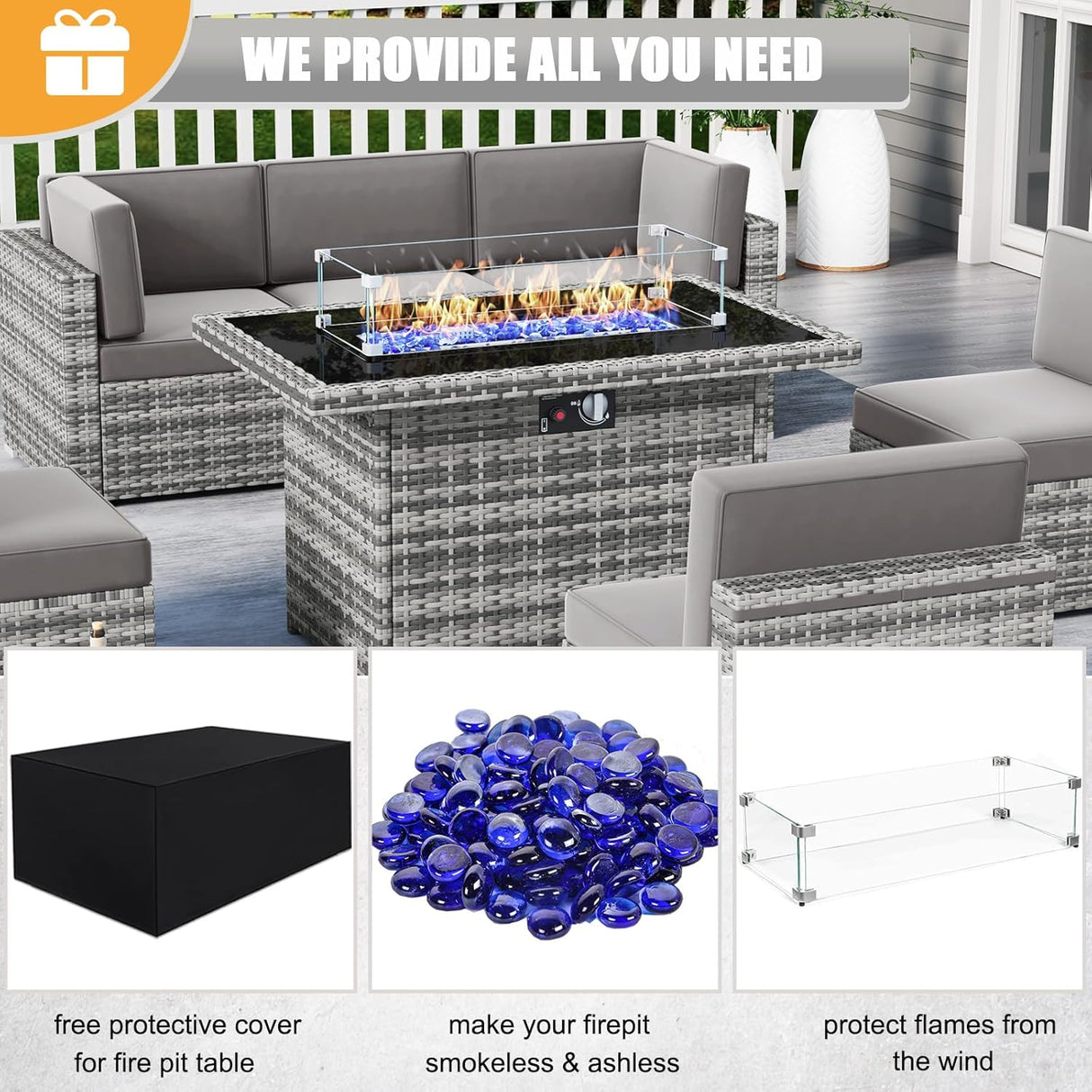 LayinSun Juego de muebles de patio de 8 piezas con mesa de fuego de gas propano de 44 pulgadas, juego de conversación seccional al aire libre, juego de sofá de mimbre de ratán con mesa auxiliar de almacenamiento y mesa auxiliar