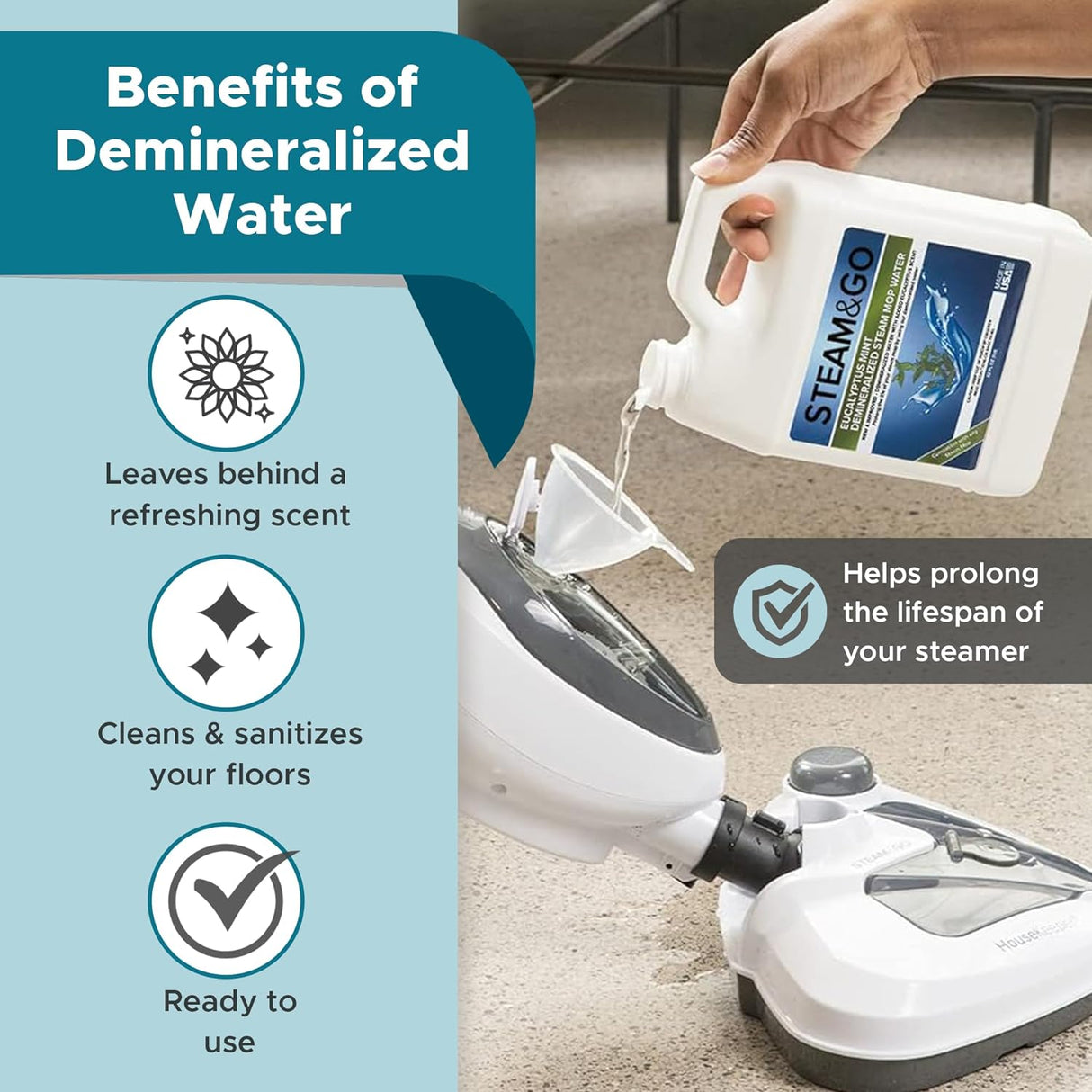 Agua Desmineralizada Steam & Go, Limpiador de Vapor Multisuperficie