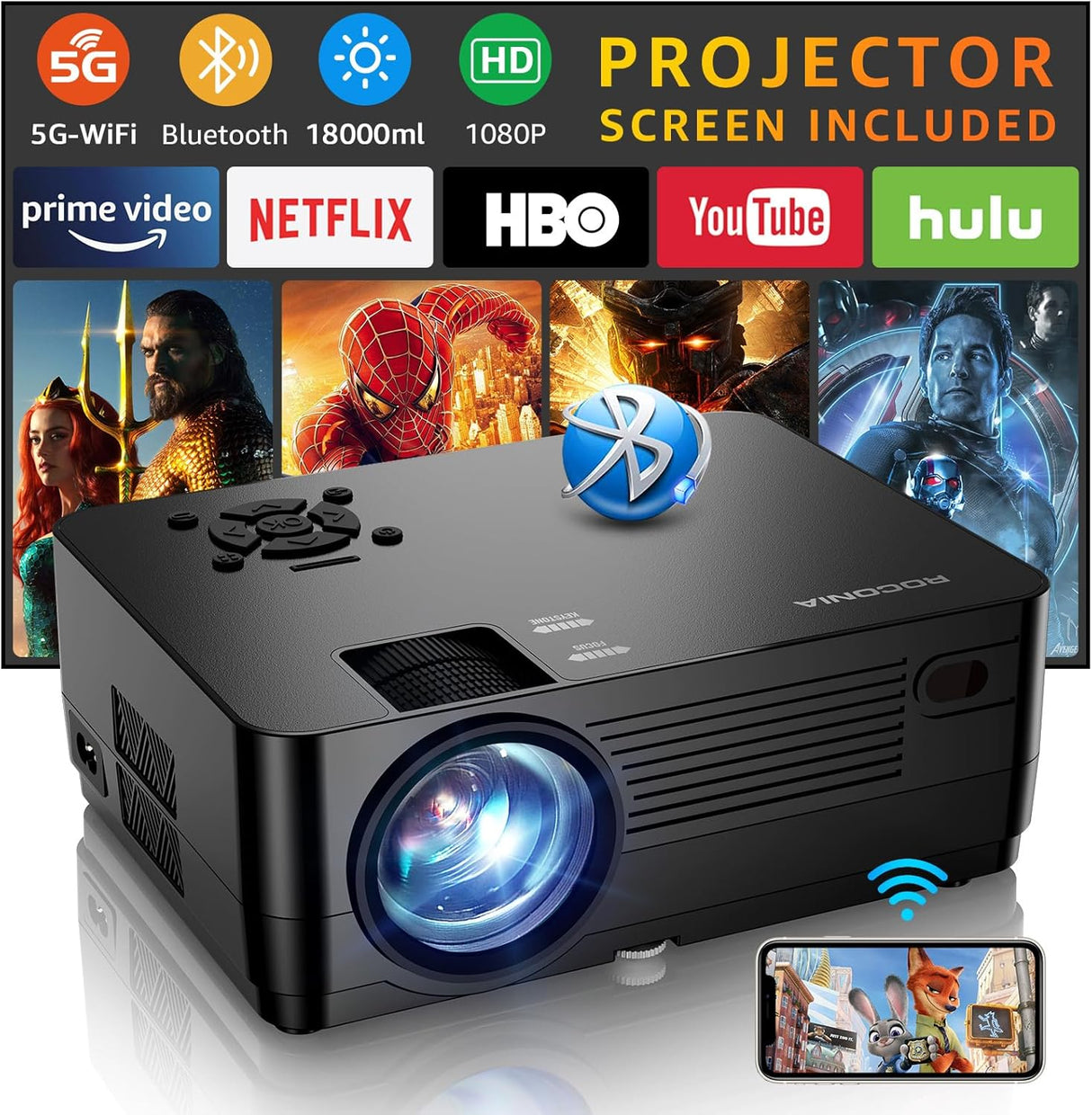 Proyector Full HD 1080P, 15000LM, 4K Compatible, Pantalla Incluida