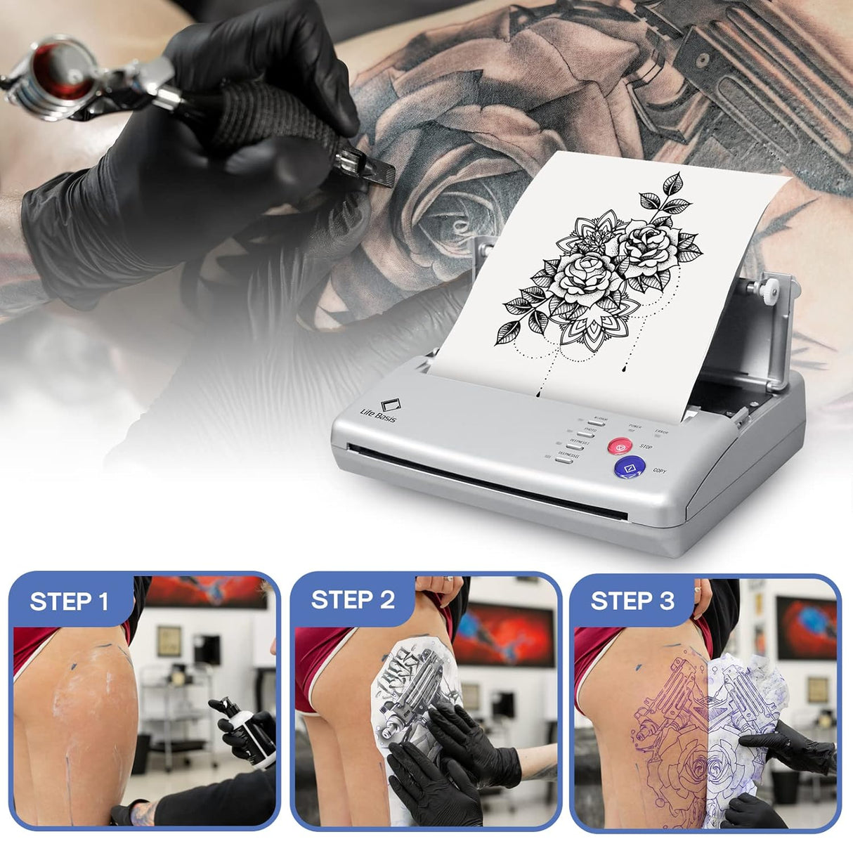 LifeBasis Máquina de plantillas de transferencia de tatuajes, impresora térmica profesional de plantillas de tatuajes con papel de transferencia de tatuajes, 20 hojas, kit de impresora de tatuajes