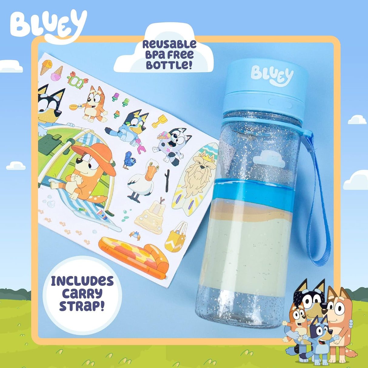 Botella de Agua Bluey, Stickers Reposicionables, BPA-Free