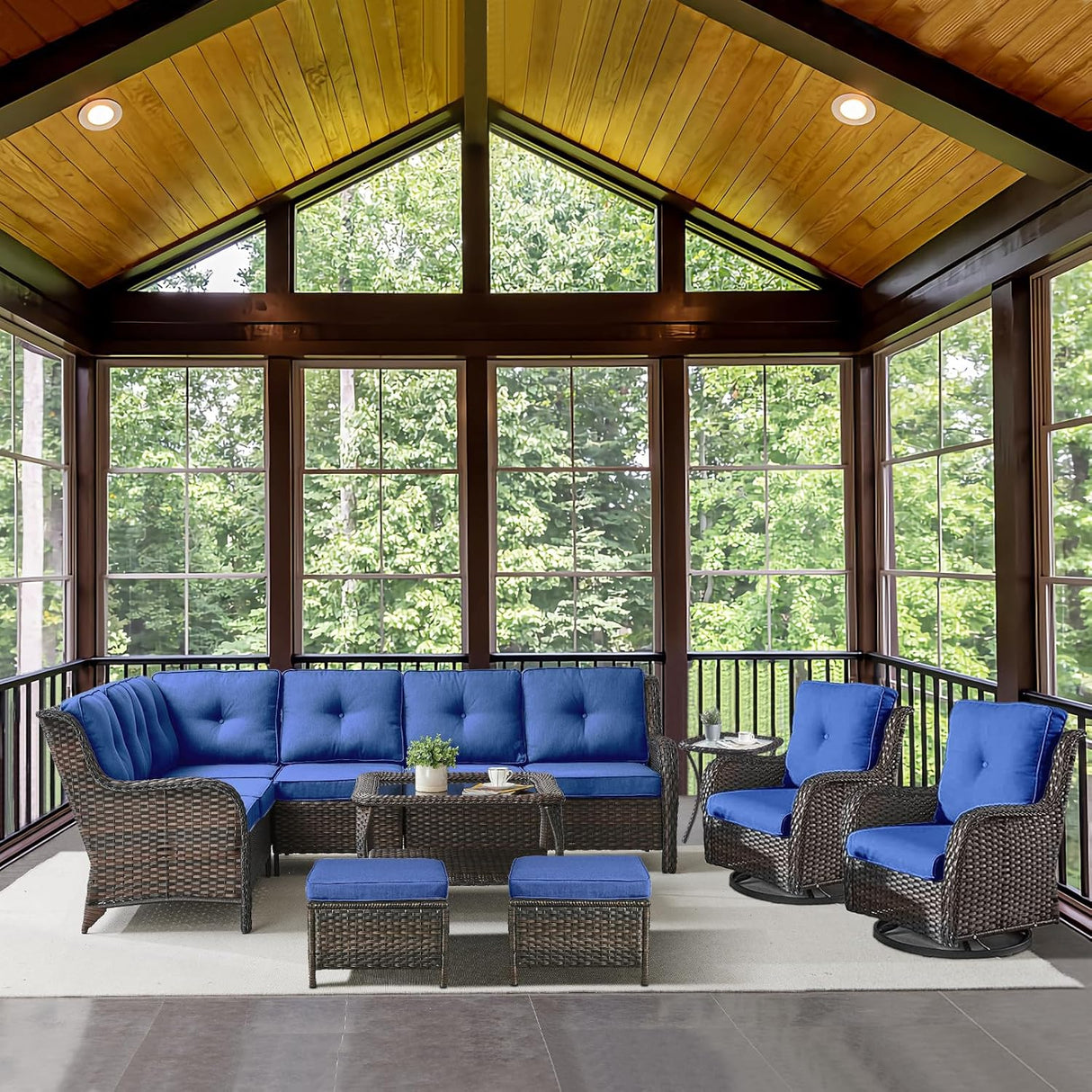 Belord Sofá seccional de muebles de exterior, sofá en forma de L, juego de mimbre para patio con 2 sillas deslizantes giratorias, juegos de conversación de ratán de 10 piezas con cojín azul para terraza, patio trasero, terraza y terraza