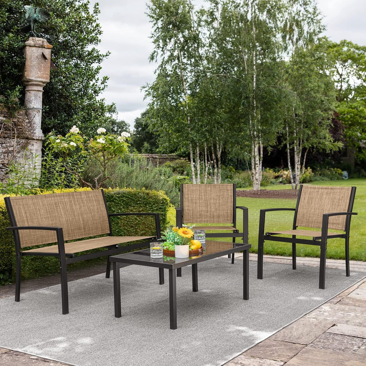 Devoko - Juego de 4 piezas de muebles de patio para el aire libre, para jardín, sillones y mesa de café de cristal para patio o terraza