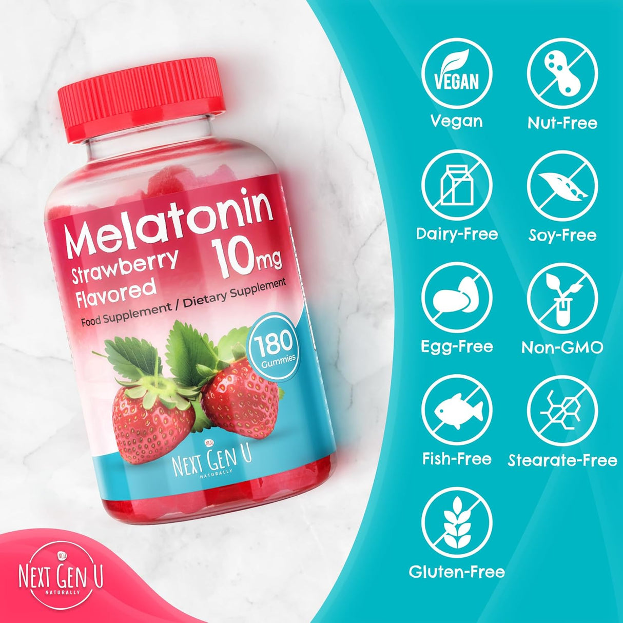 Gomitas de Melatonina 10 mg NGU - 180 Veganas Sabor Fresa