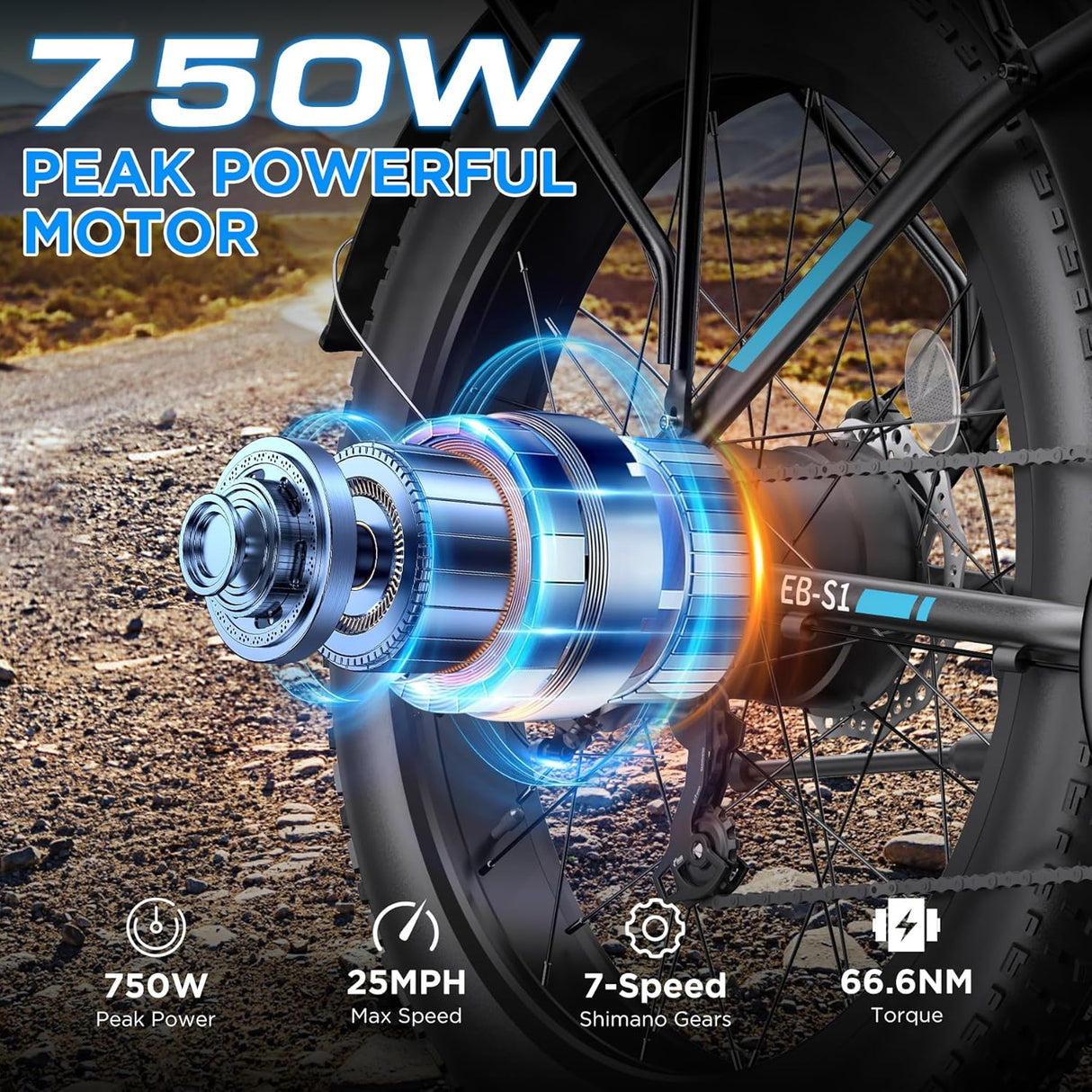 Bicicleta Eléctrica 750W, 60 Millas, Suspensión, 26 Fat Tire