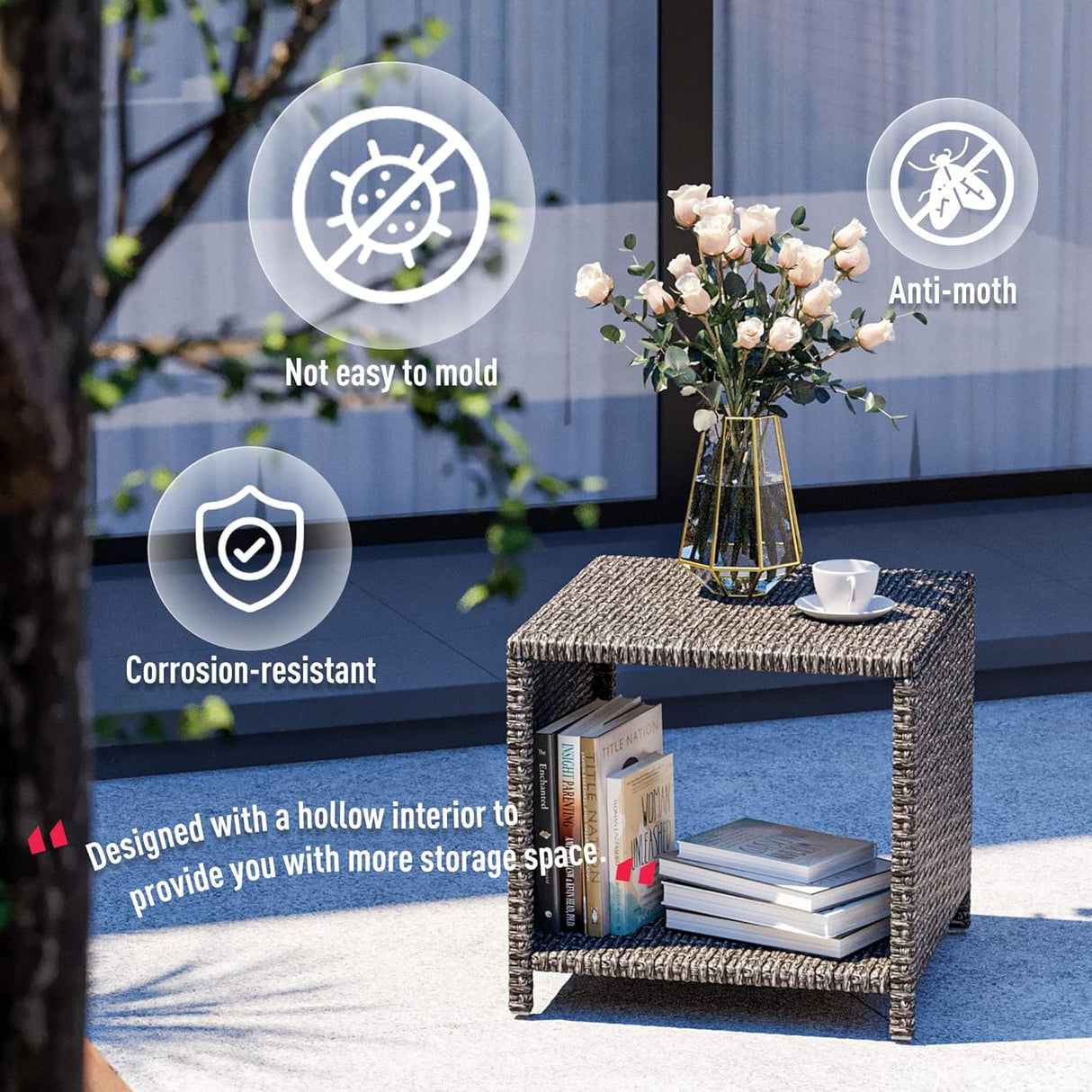 Pamapic Juego de 5 muebles de mimbre para patio, sillas de patio al aire libre con otomanas, muebles de conversación con mesa auxiliar para jardín junto a la piscina, balcón (cojín gris + ratán gris)