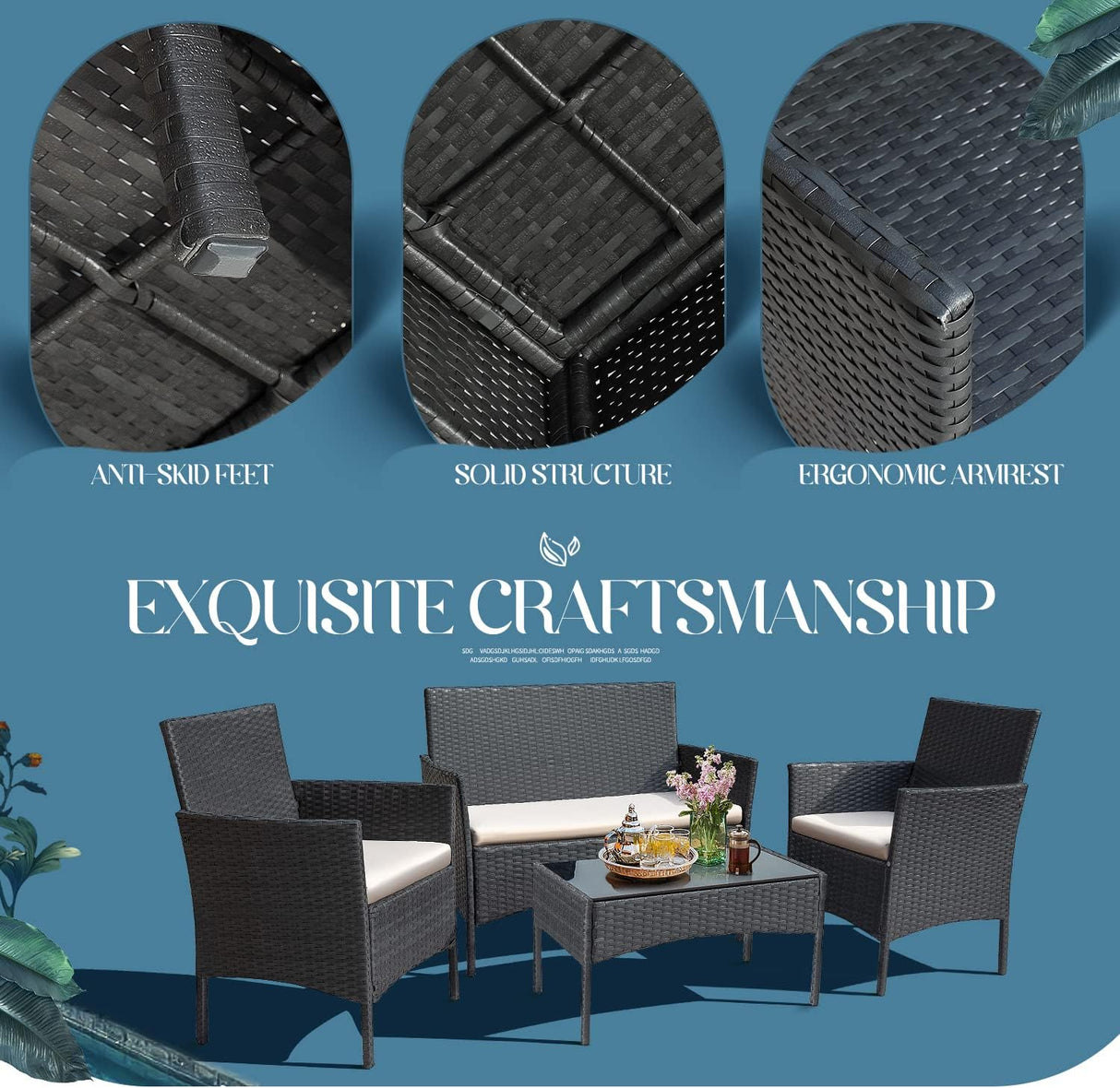 Greesum Muebles de patio de 4 piezas para conversación al aire libre, sillas de mimbre para jardín, balcón, porche, sofá biplaza junto a la piscina con cojín y mesa de cristal, negro y beige