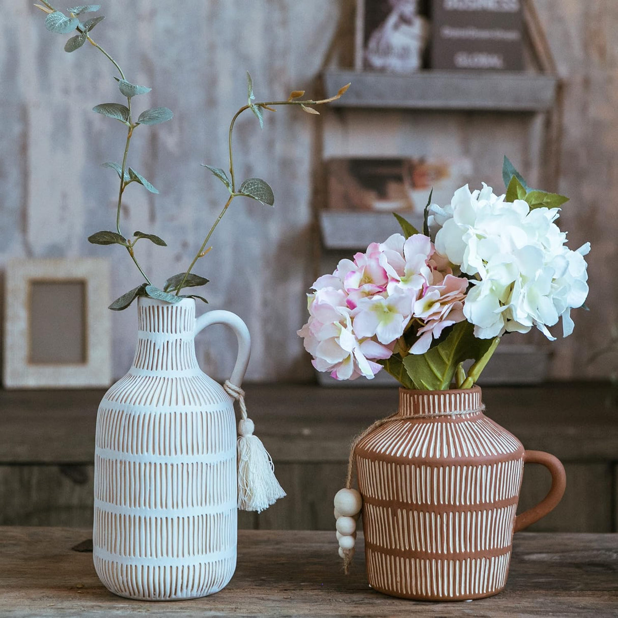 Vaso de Cerámica con Asa y Borlas - Decoración Rústica 10