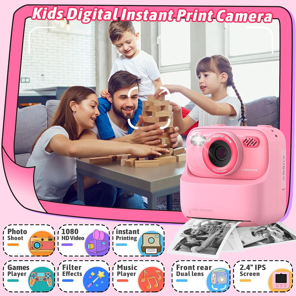 Cámara Instantánea Kids 1080P HD con Doble Lente y Papel