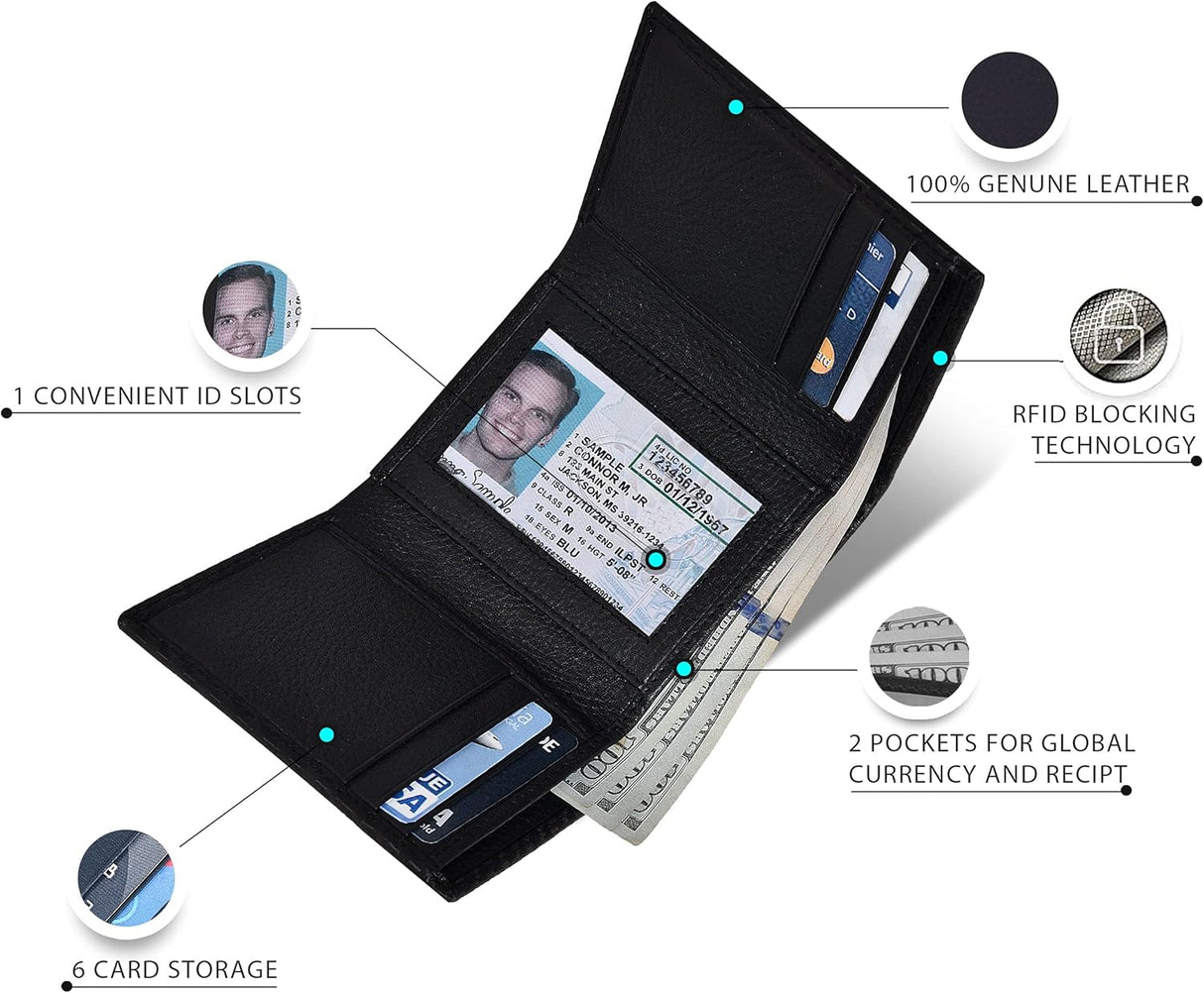 Billetera de Piel Trifold para Hombre - RFID, 9 Tarjetas, 2 ID