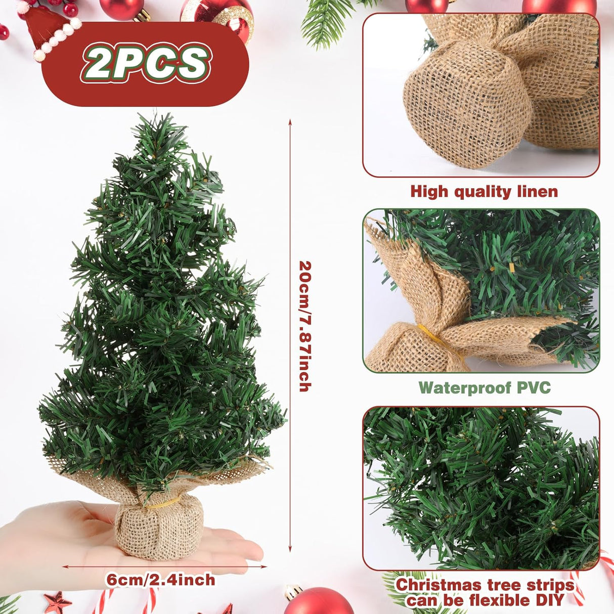 Árbol Mini Navidad Artificial, Base de Lino, 2 Pcs, 7.87