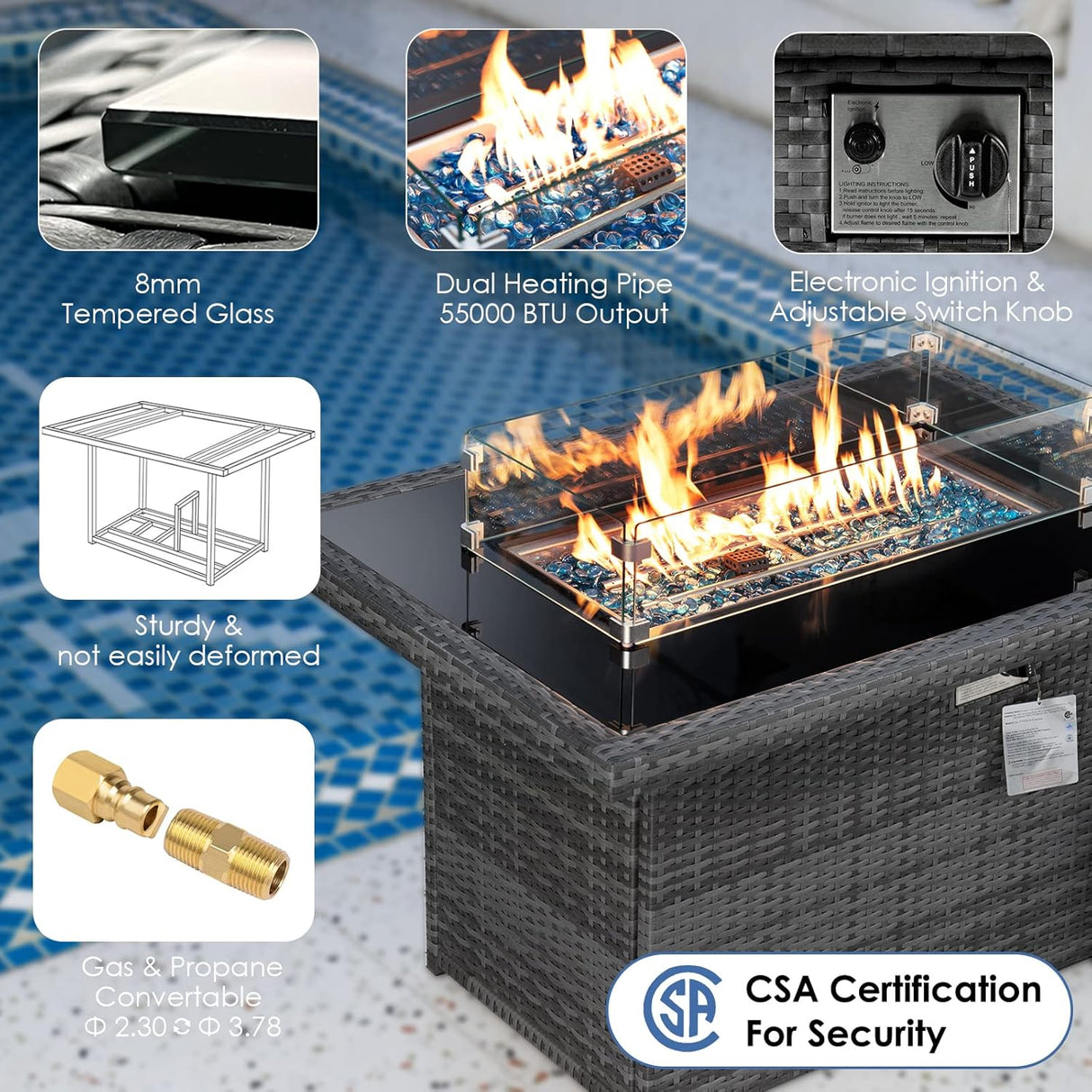 RADIATA Juego de muebles de mimbre de polietileno para patio, sofá seccional de respaldo alto, juegos de sofá de gran tamaño con mesa para fogata de propano, 55000 BTU, juegos de conversación de ratán para exteriores (7 piezas, gris oscuro)