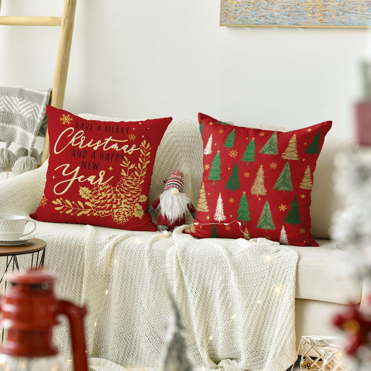 Fundas de cojín navideñas 18x18, diseño de árboles y copos